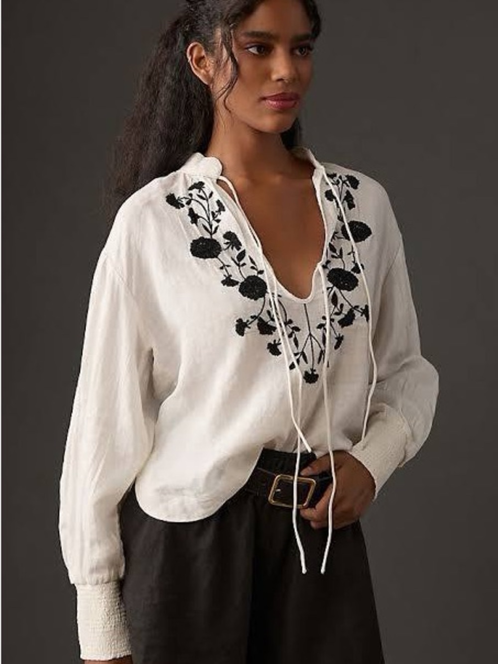 Anthropologie White Black Embroidered Linen Long Sleeve Tie-Front Tunic Top Sz L